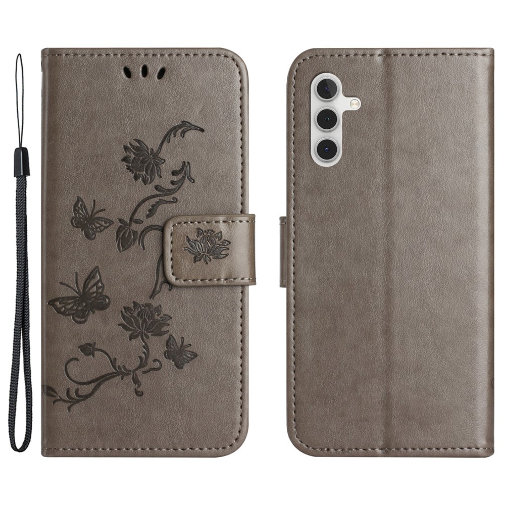Funda de Cuero con Mariposas Samsung Galaxy A35, Gris