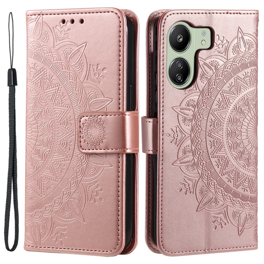 Funda de Cuero Mandala Xiaomi Redmi 13C oro rosa