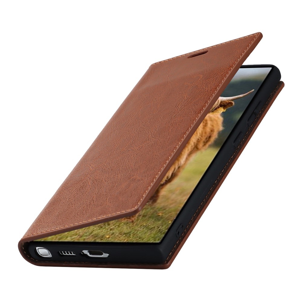 Funda cartera de cuero genuino Samsung Galaxy S23 Ultra marrón