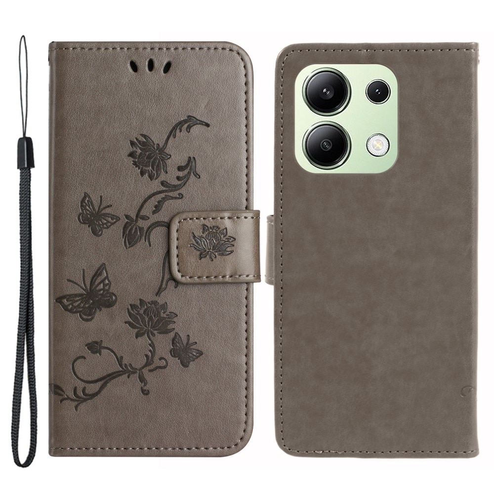 Funda de Cuero con Mariposas Xiaomi Redmi Note 13 4G, Gris