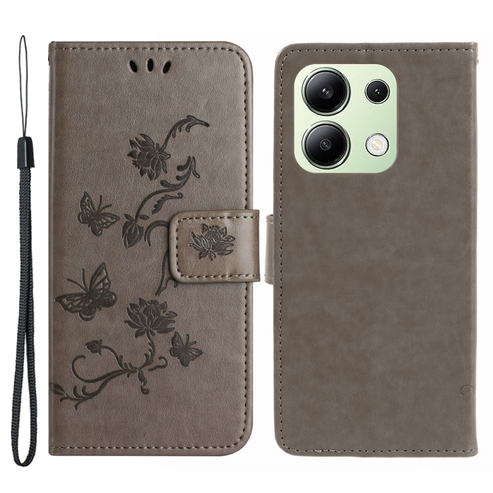 Funda de Cuero con Mariposas Xiaomi Redmi Note 13 4G, gris