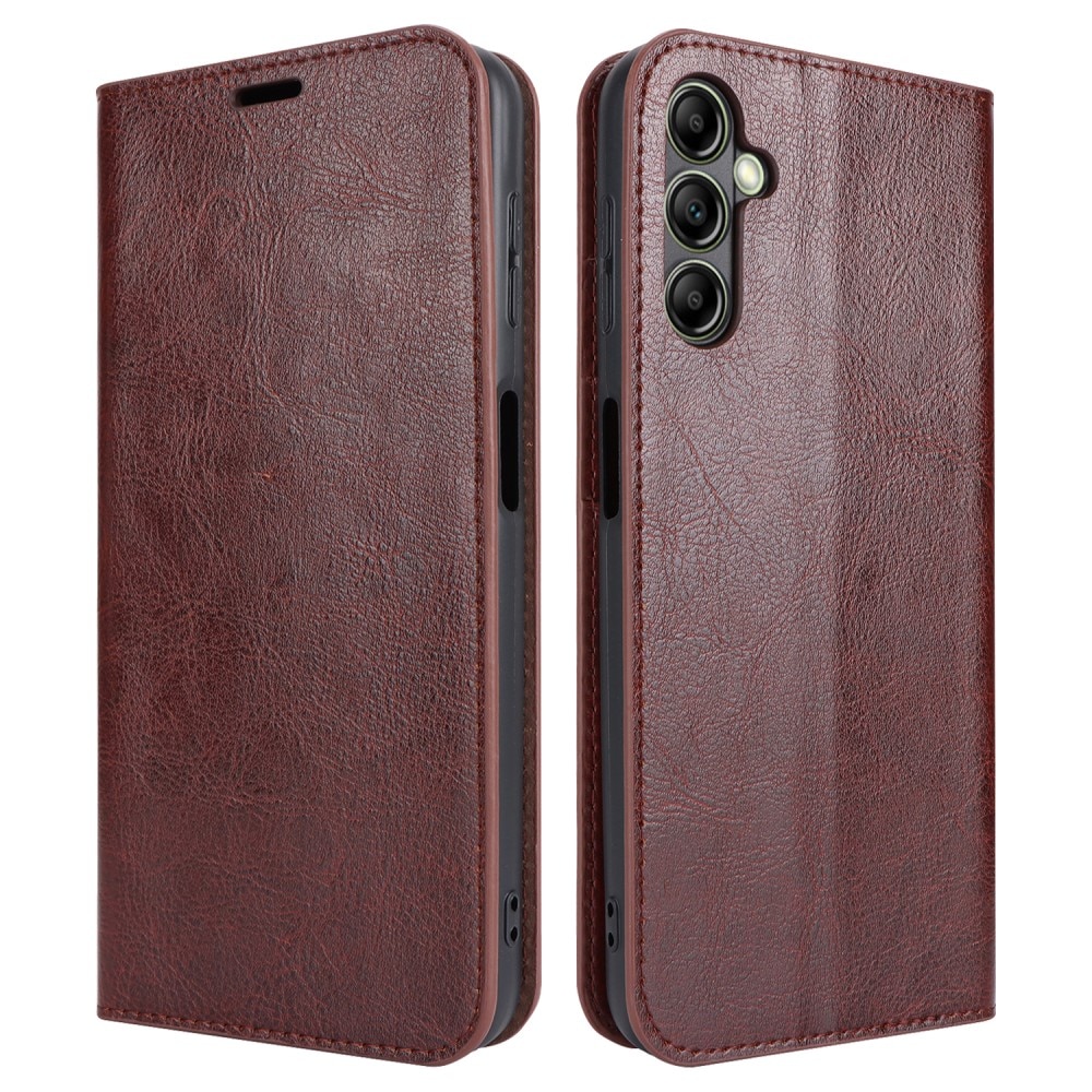 Funda cartera de cuero genuino Samsung Galaxy A14 Marrón oscuro
