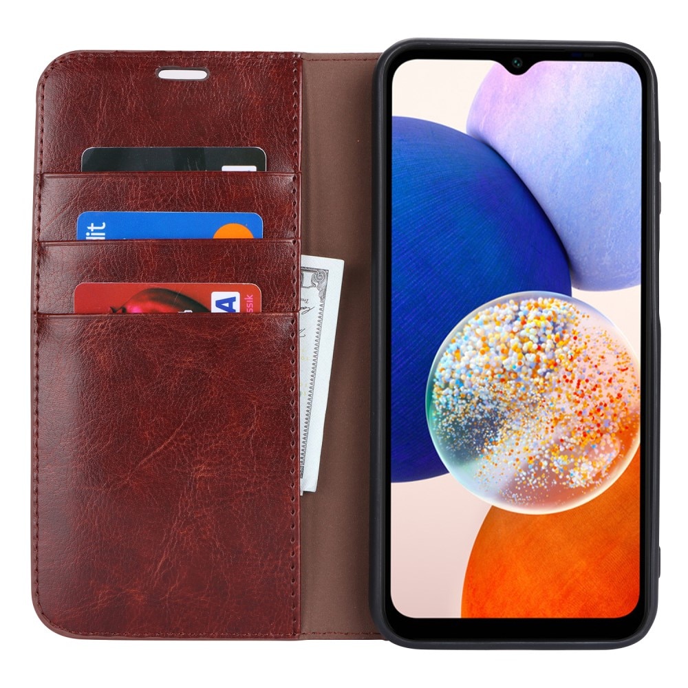 Funda cartera de cuero genuino Samsung Galaxy A14 Marrón oscuro