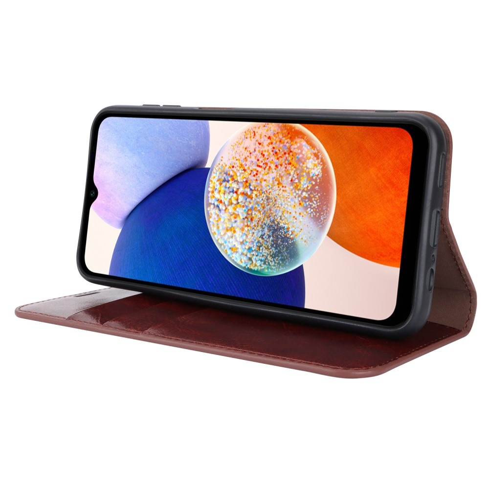 Funda cartera de cuero genuino Samsung Galaxy A14 Marrón oscuro