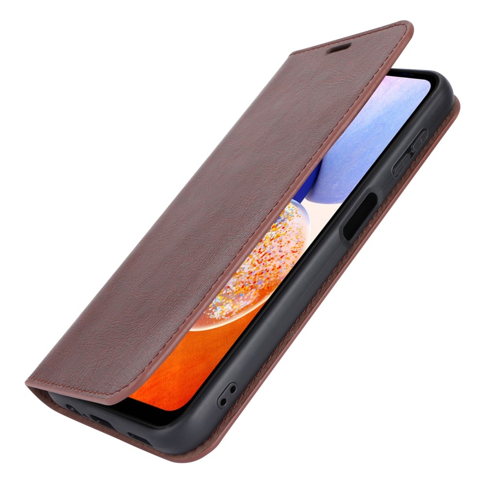 Funda cartera de cuero genuino Samsung Galaxy A14 Marrón oscuro