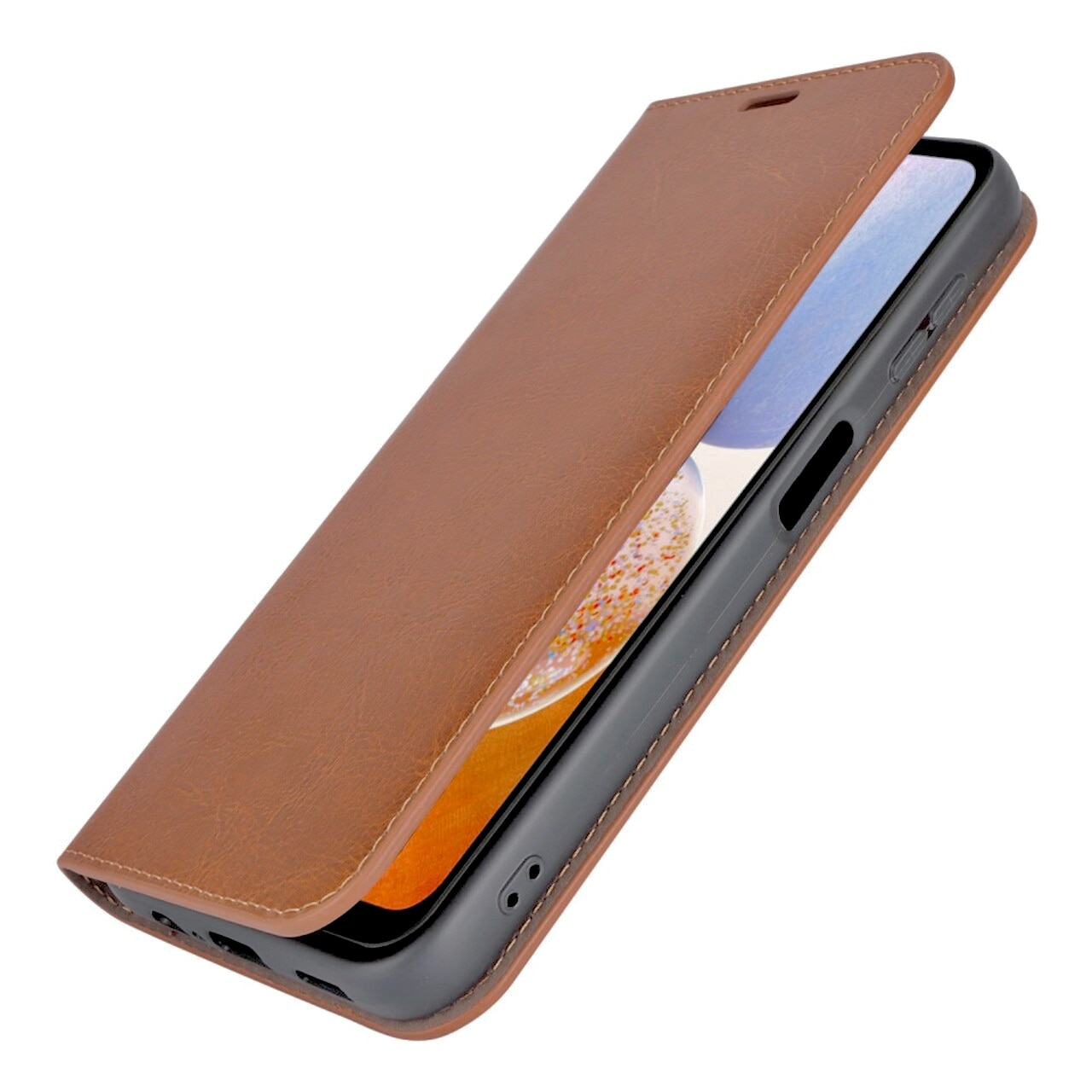Funda cartera de cuero genuino Samsung Galaxy A14 marrón