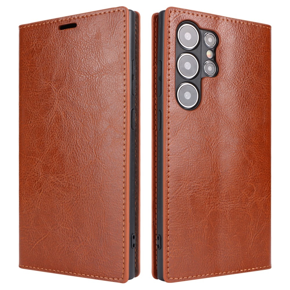 Funda cartera de cuero genuino Samsung Galaxy S25 Ultra Marrón