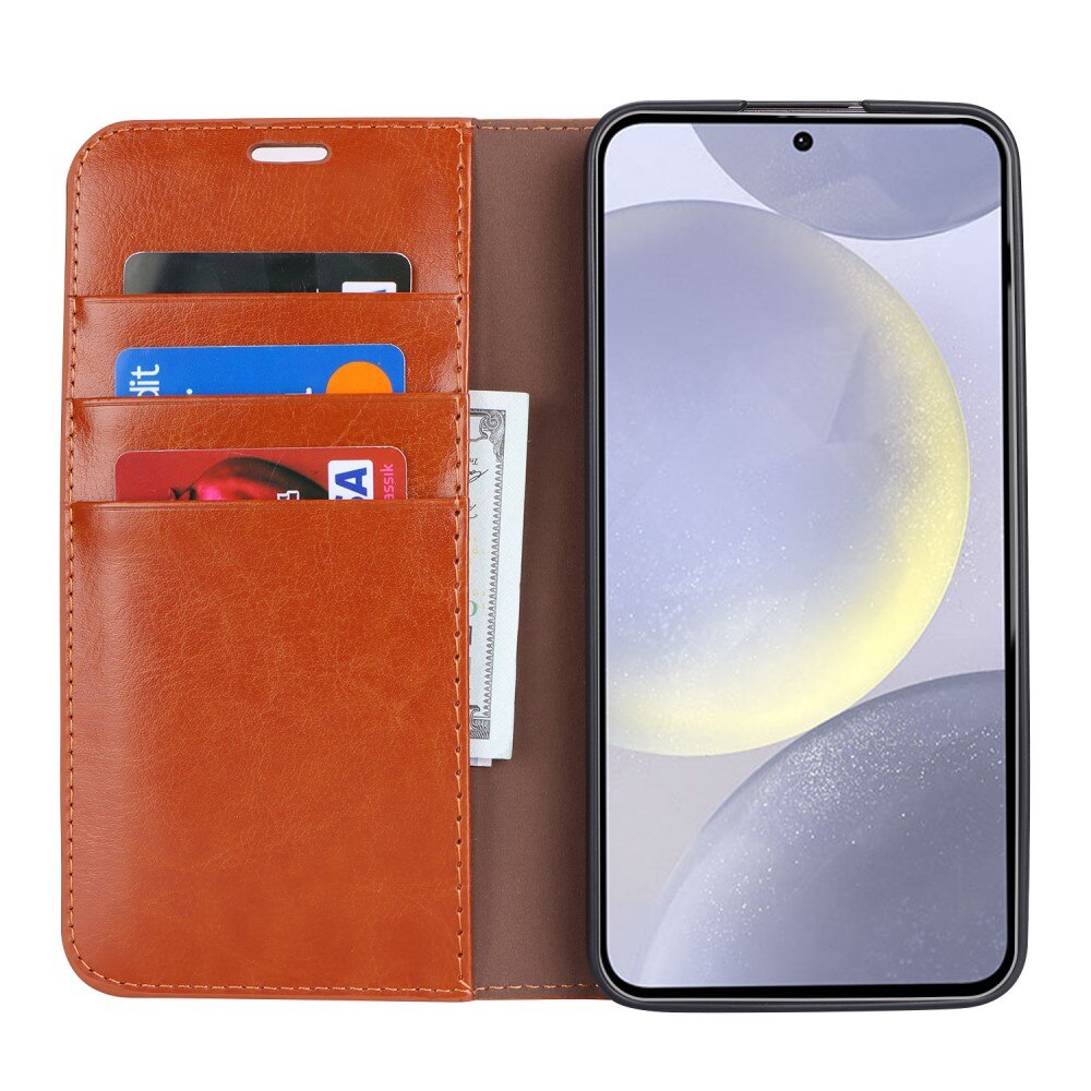 Funda cartera de cuero genuino Samsung Galaxy S24 Marrón