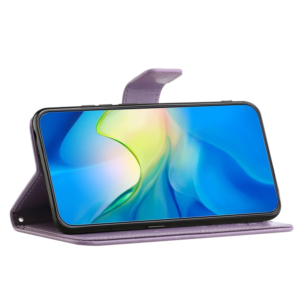Funda de Cuero con Mariposas Motorola Moto E14, Púrpura