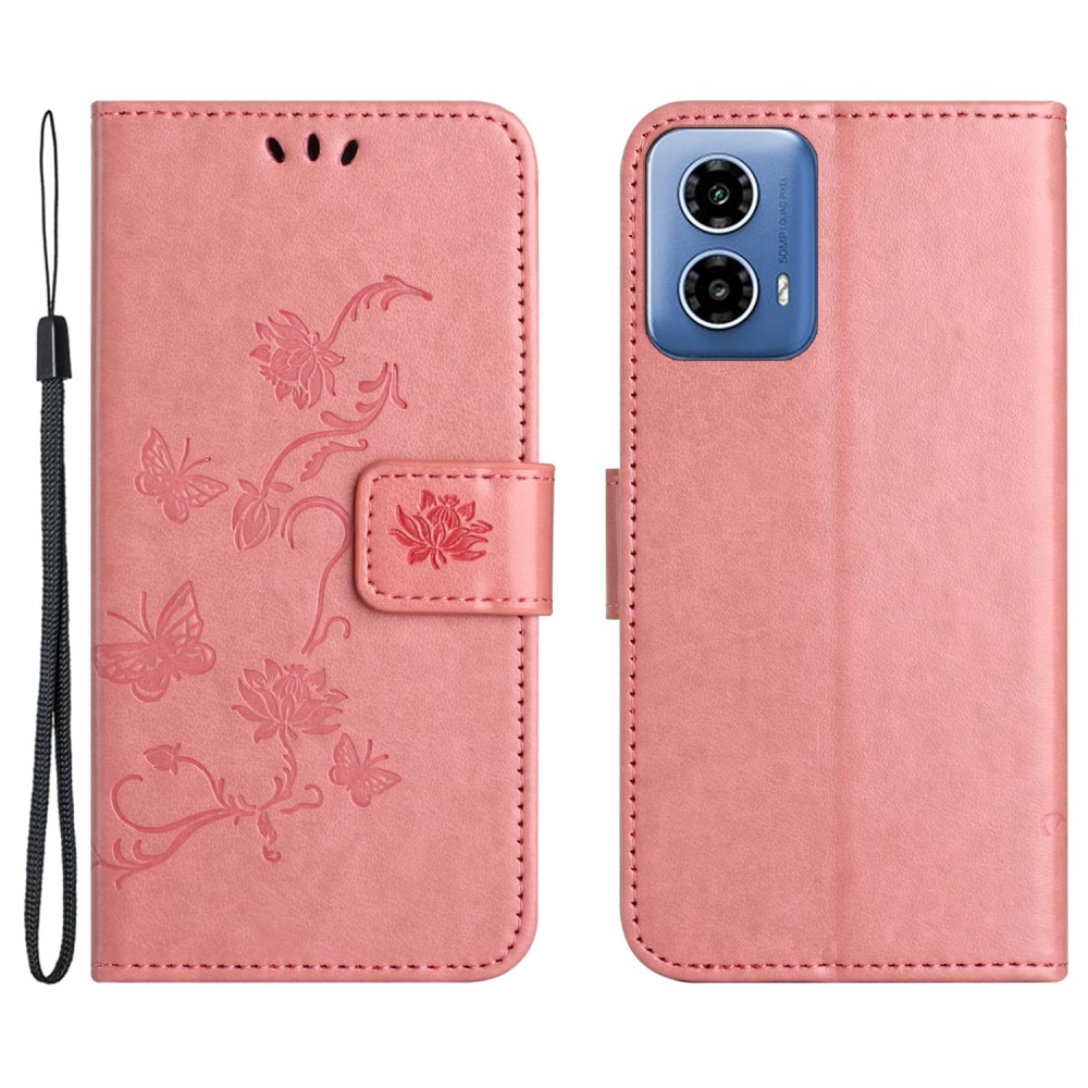 Funda de Cuero con Mariposas Motorola Moto G24, Rosa