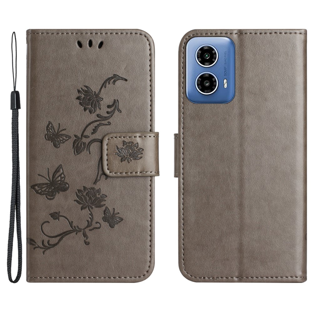 Funda de Cuero con Mariposas Motorola Moto G04, Gris