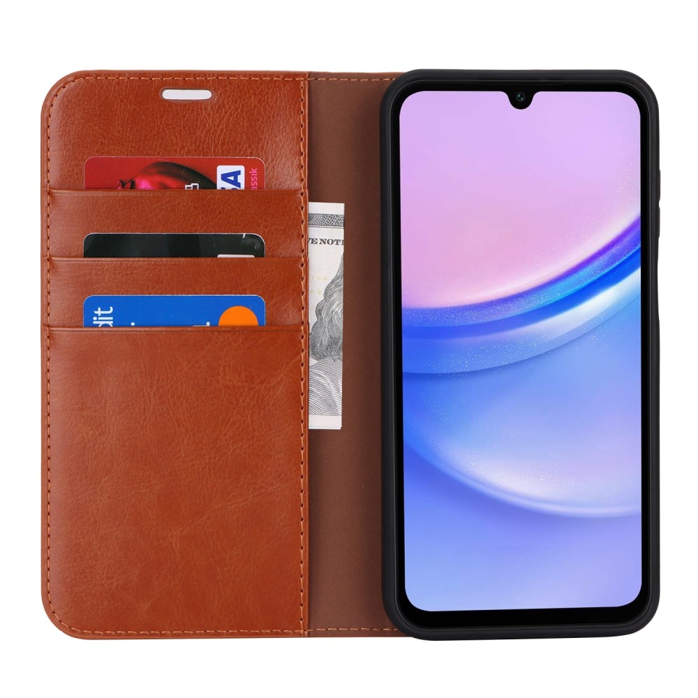 Funda cartera de cuero genuino Samsung Galaxy A15 marrón