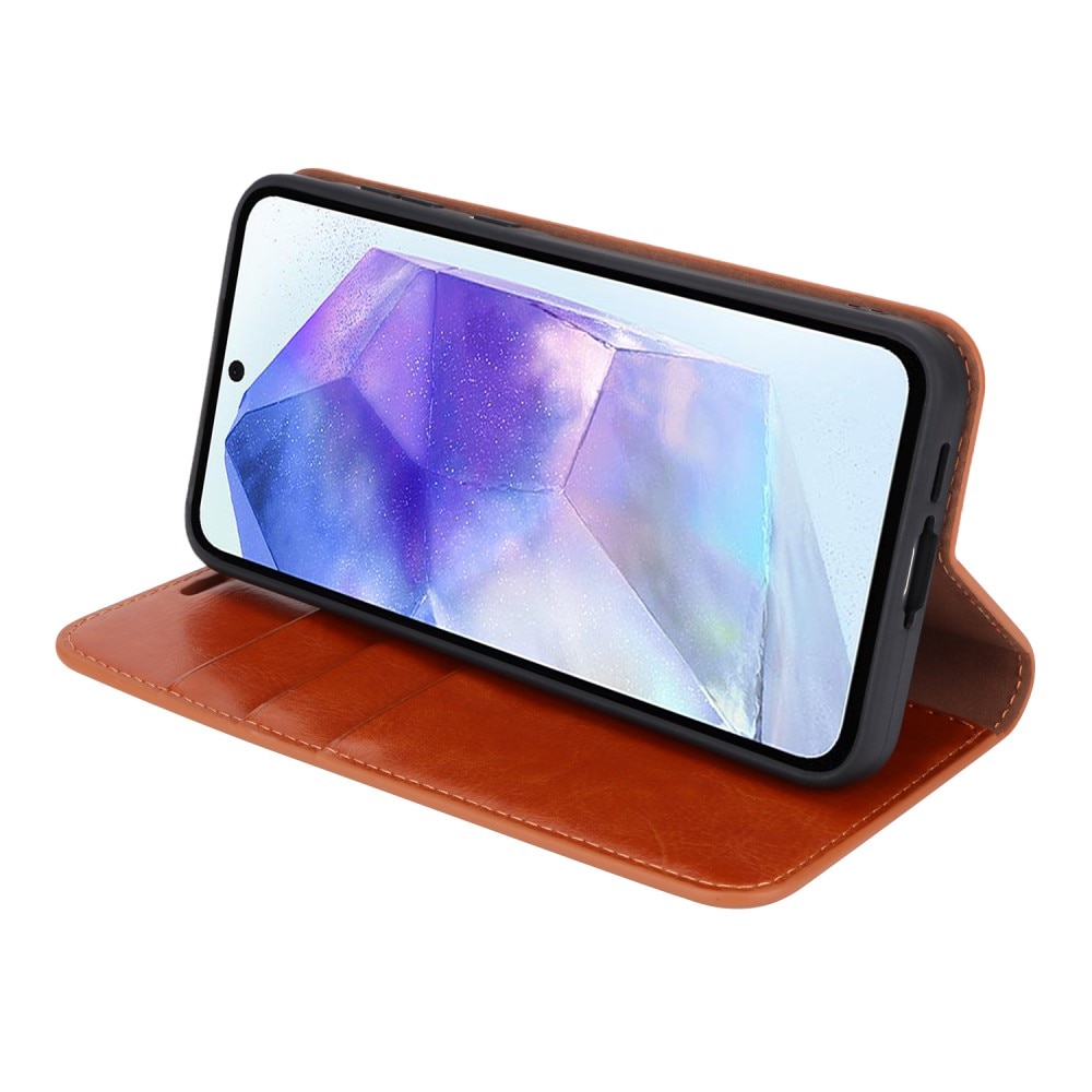 Funda cartera de cuero genuino Samsung Galaxy A55 marrón