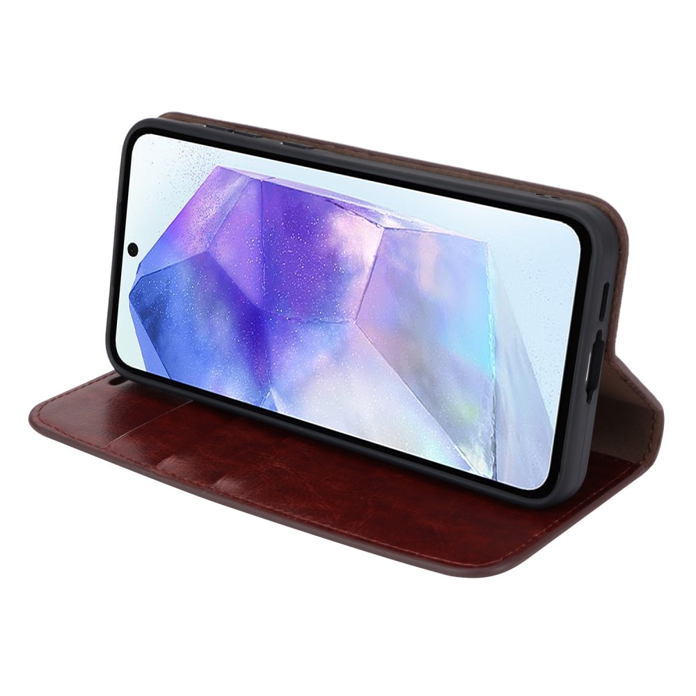 Funda cartera de cuero genuino Samsung Galaxy A55 Marrón oscuro