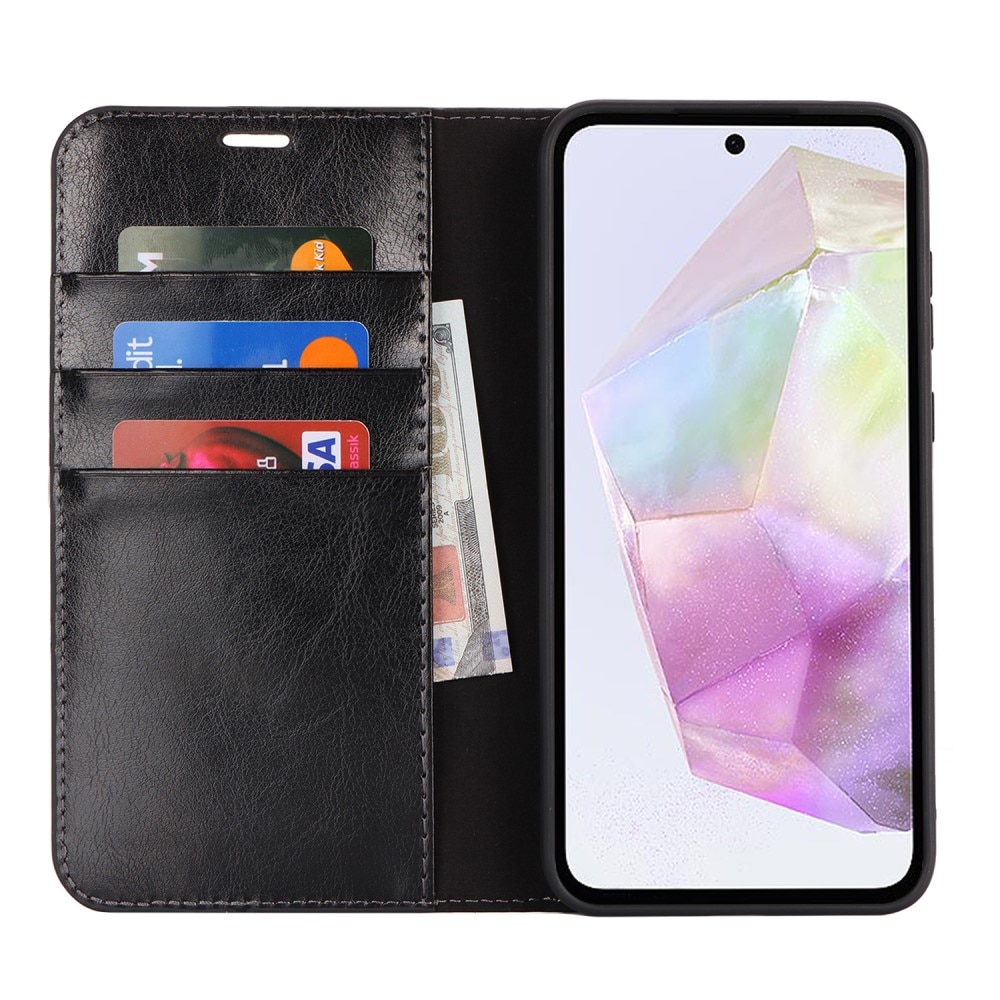 Funda cartera de cuero genuino Samsung Galaxy A35 Negro