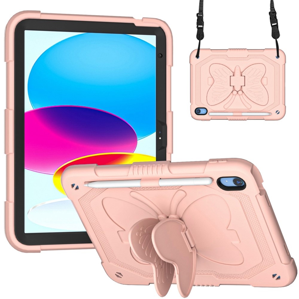 Funda híbrida con mariposas para iPad 10.9 10th Gen (2022) con bandolera rosado