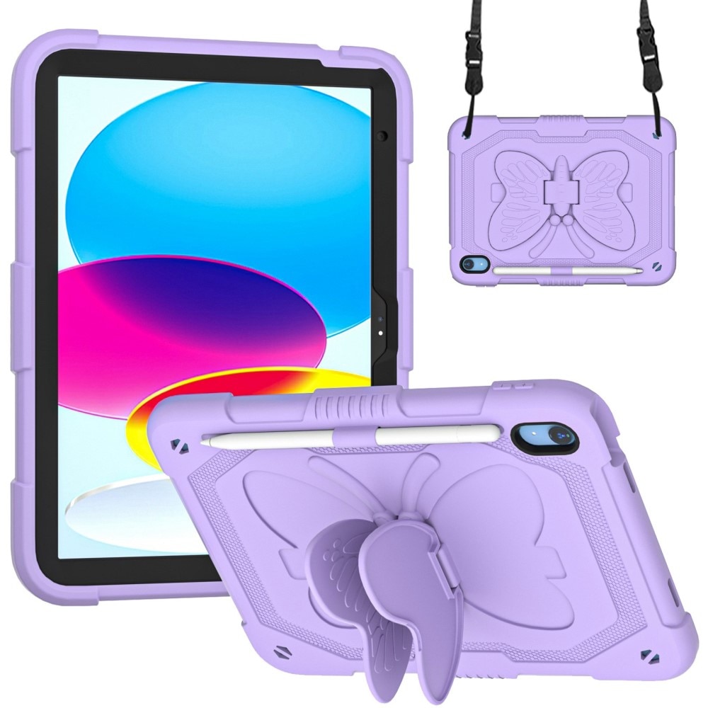Funda híbrida con mariposas para iPad 10.9 2022 (10th gen) con bandolera violeta
