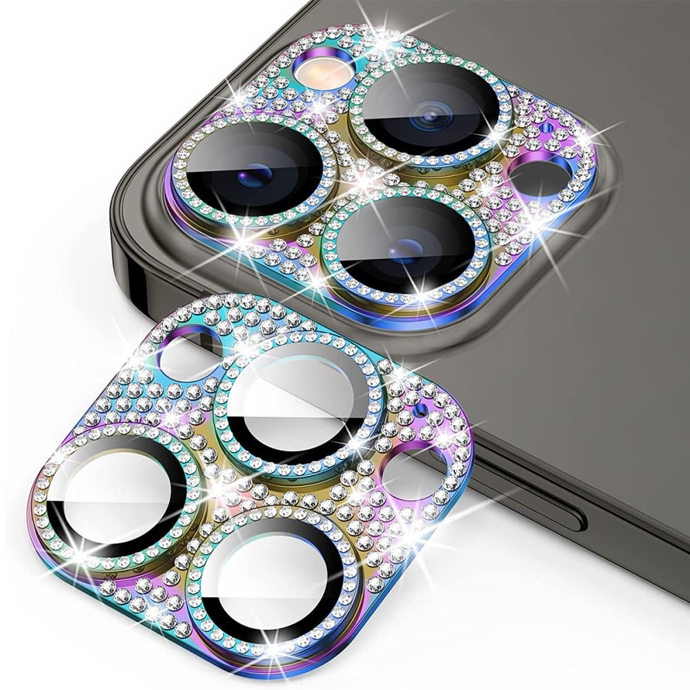 Protector Cámara Cristal Templado Aluminio Brillantina iPhone 14 Pro Arcoíris