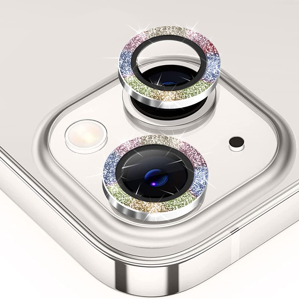 Cubre objetivo de cristal templado aluminio brillantina iPhone 15 arcoíris