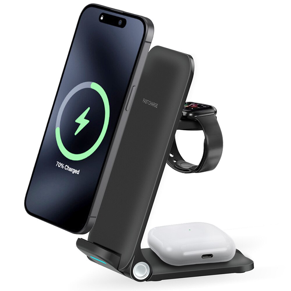 3-in-1 Cargador Inalámbrico Plegable de 15W negro