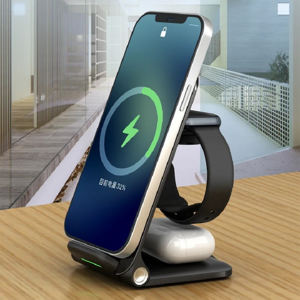 3-in-1 Cargador Inalámbrico Plegable de 15W negro