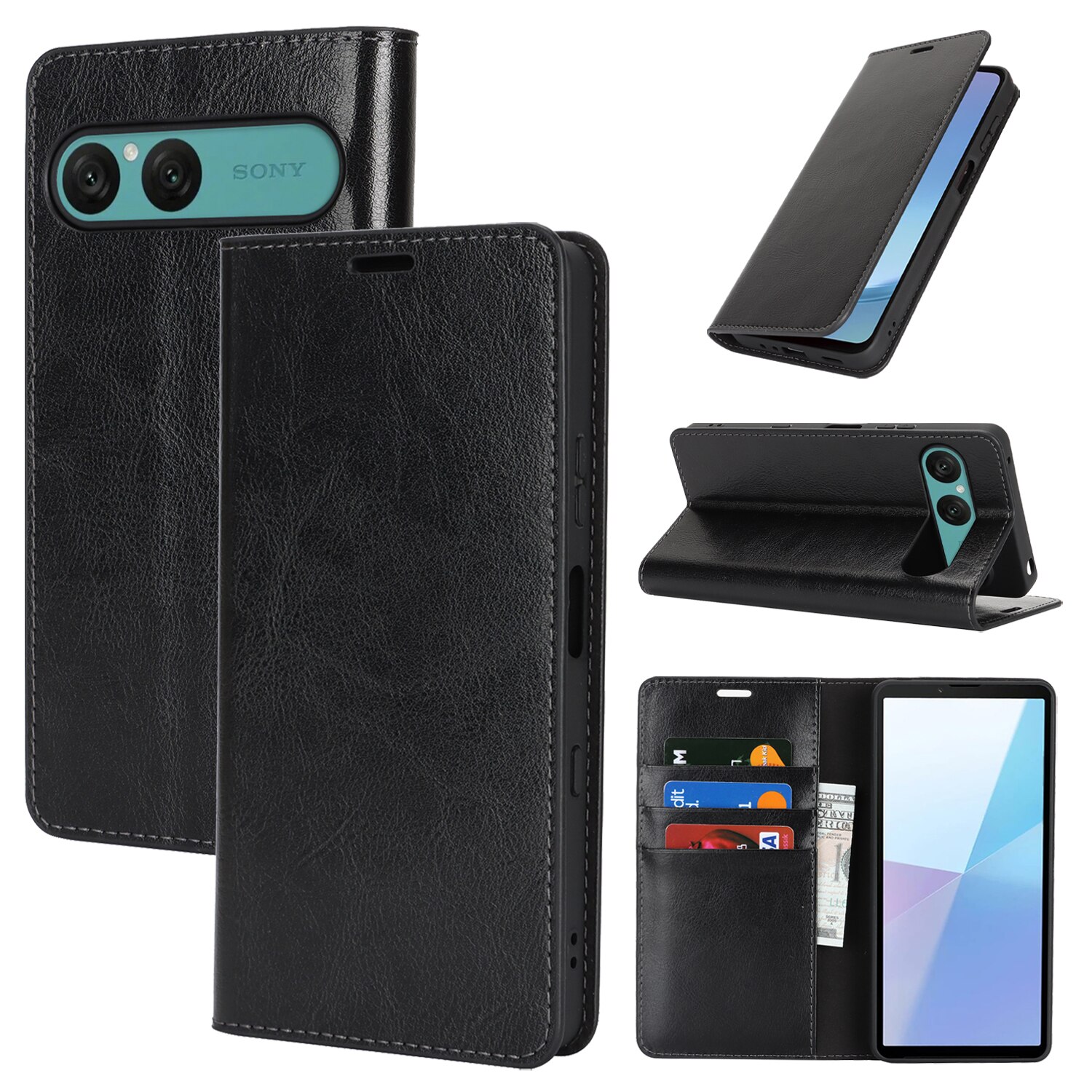 Funda cartera de cuero genuino Sony Xperia 10 VII Negro