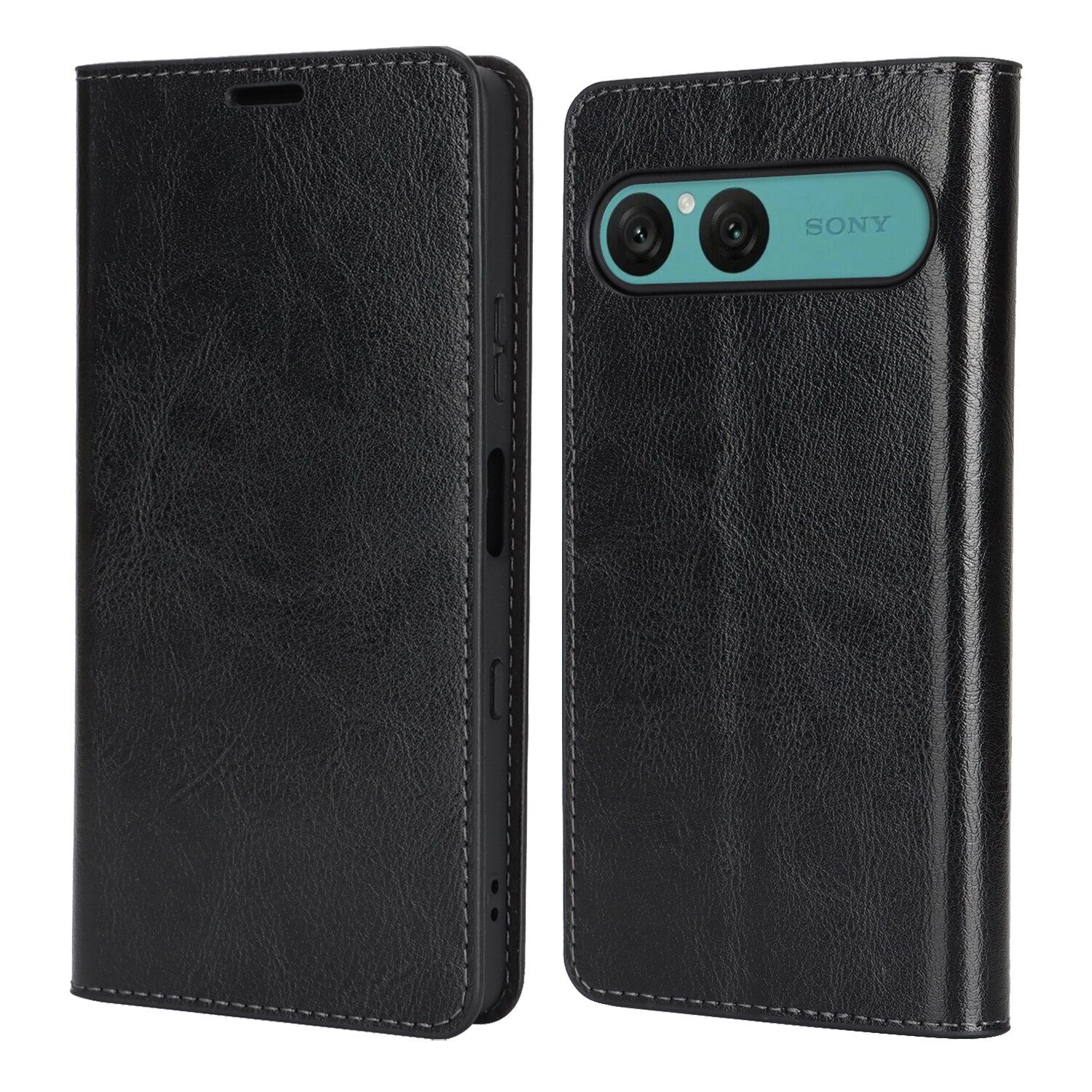 Funda cartera de cuero genuino Sony Xperia 10 VII Negro