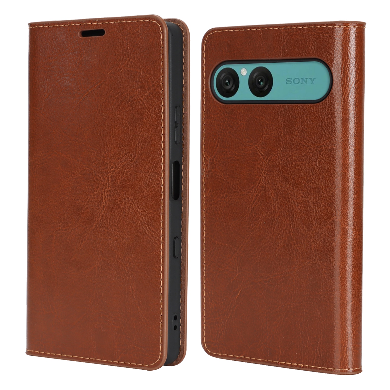 Funda cartera de cuero genuino Sony Xperia 10 VII Marrón