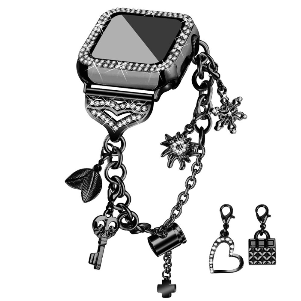 Correa con dijes y funda Rhinestone para Apple Watch 41mm, negro