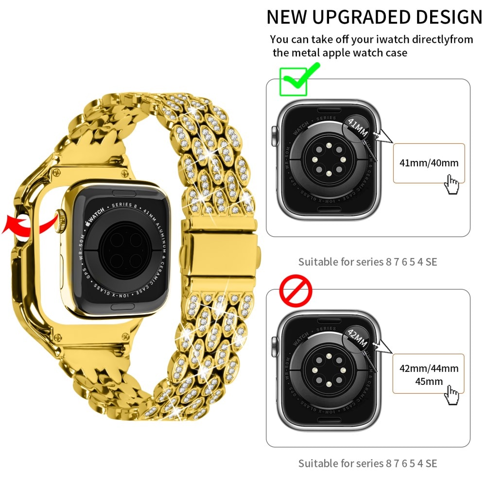 Correa metálica con funda Rhinestone para Apple Watch 41mm Series 9, oro