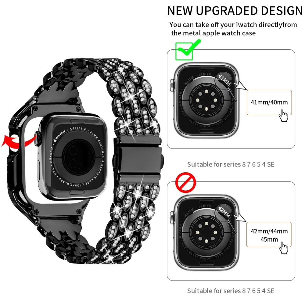 Correa metálica con funda Rhinestone para Apple Watch 41mm Series 8, negro