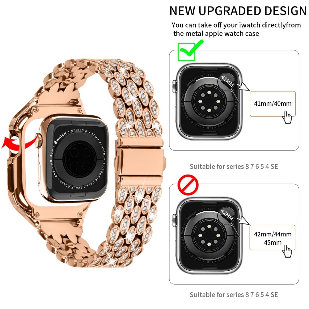 Correa metálica con funda Rhinestone para Apple Watch 41mm Series 9, oro rosa