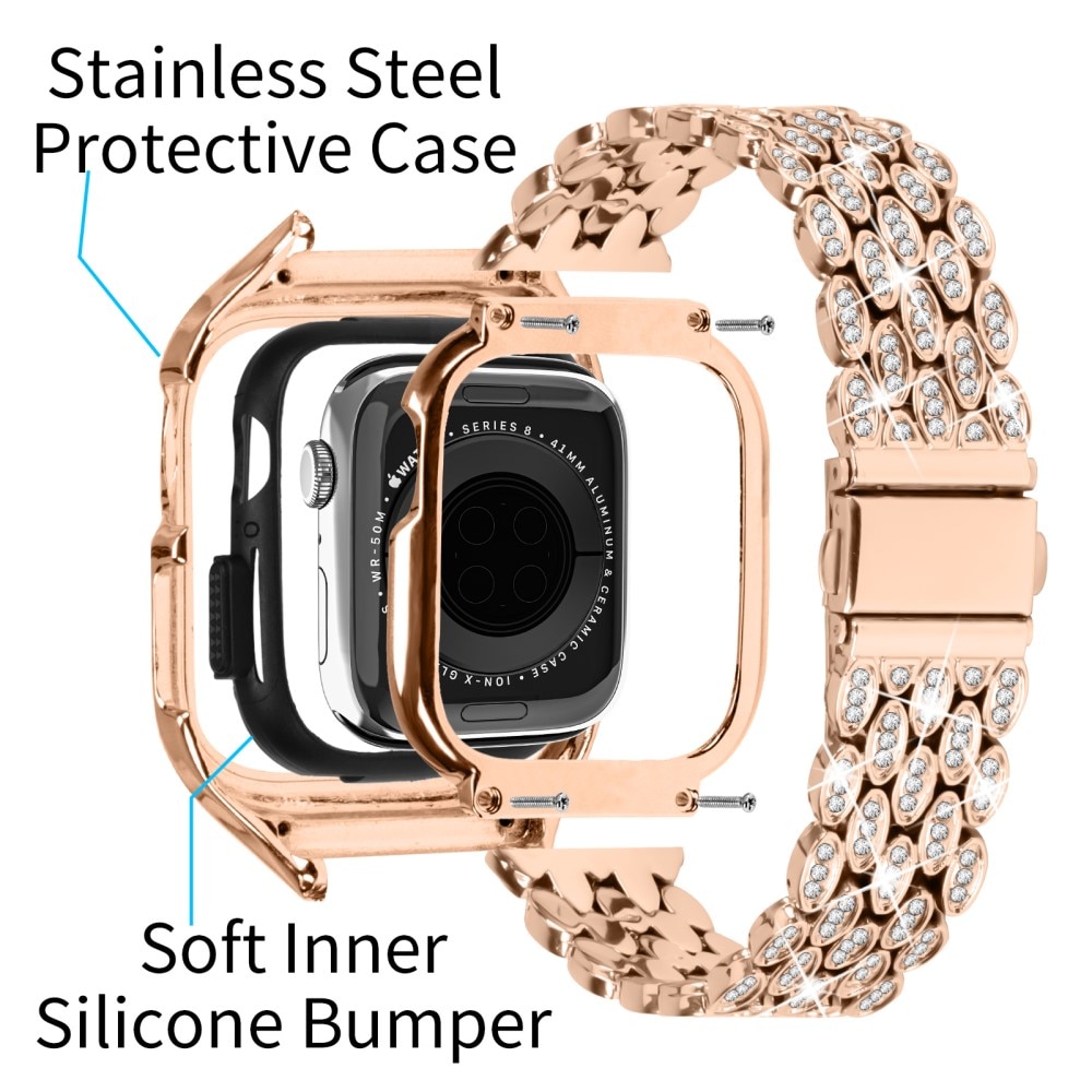 Correa metálica con funda Rhinestone para Apple Watch 41mm Series 8, oro rosa