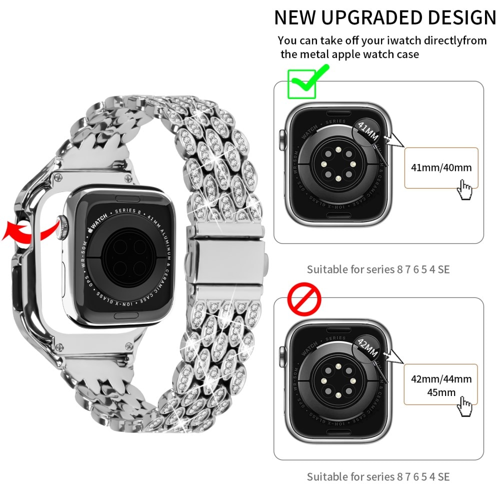 Correa metálica con funda Rhinestone para Apple Watch 41mm Series 9, plata