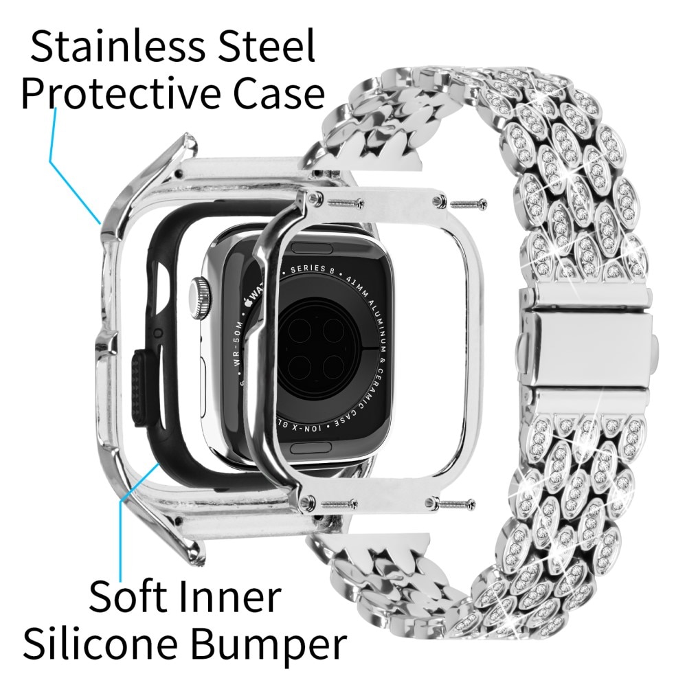 Correa metálica con funda Rhinestone para Apple Watch 41mm Series 7, plata