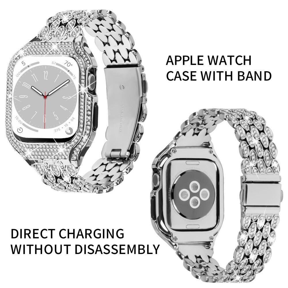 Correa metálica con funda Rhinestone para Apple Watch 41mm Series 9, plata