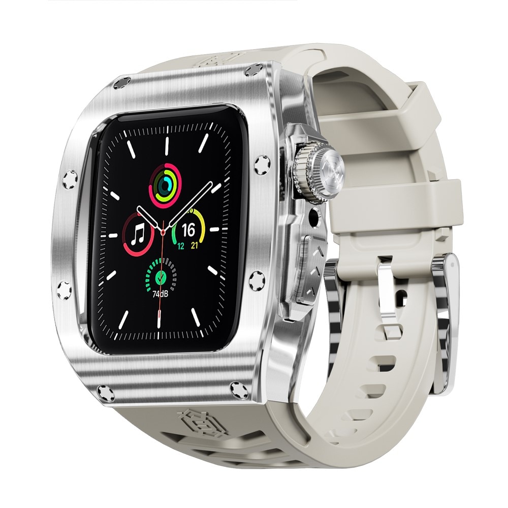 High Brushed Metal Funda con Correa Apple Watch SE 44mm, Steel/White