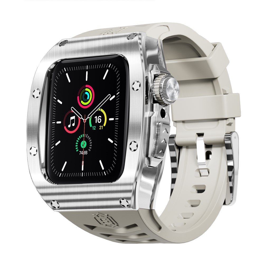 High Brushed Metal Funda con Correa Apple Watch 45mm Series 9, Steel/White