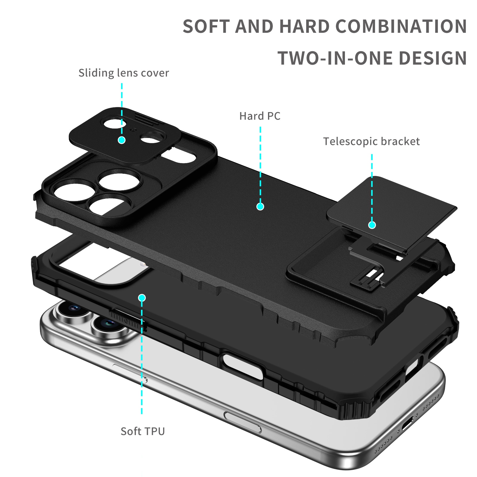 Funda Kickstand con Protector Cámara iPhone 17 Pro Max Negro