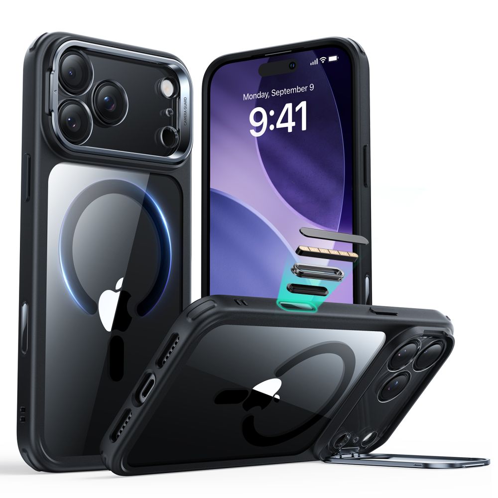 Classic Kickstand Halolock MagSafe iPhone 17 Pro Negro/transparente