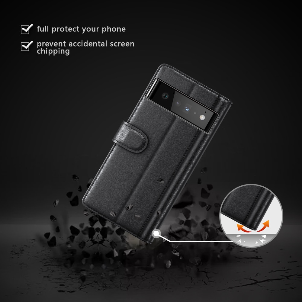 Funda de cuero genuino Google Pixel 6 Pro, Negro