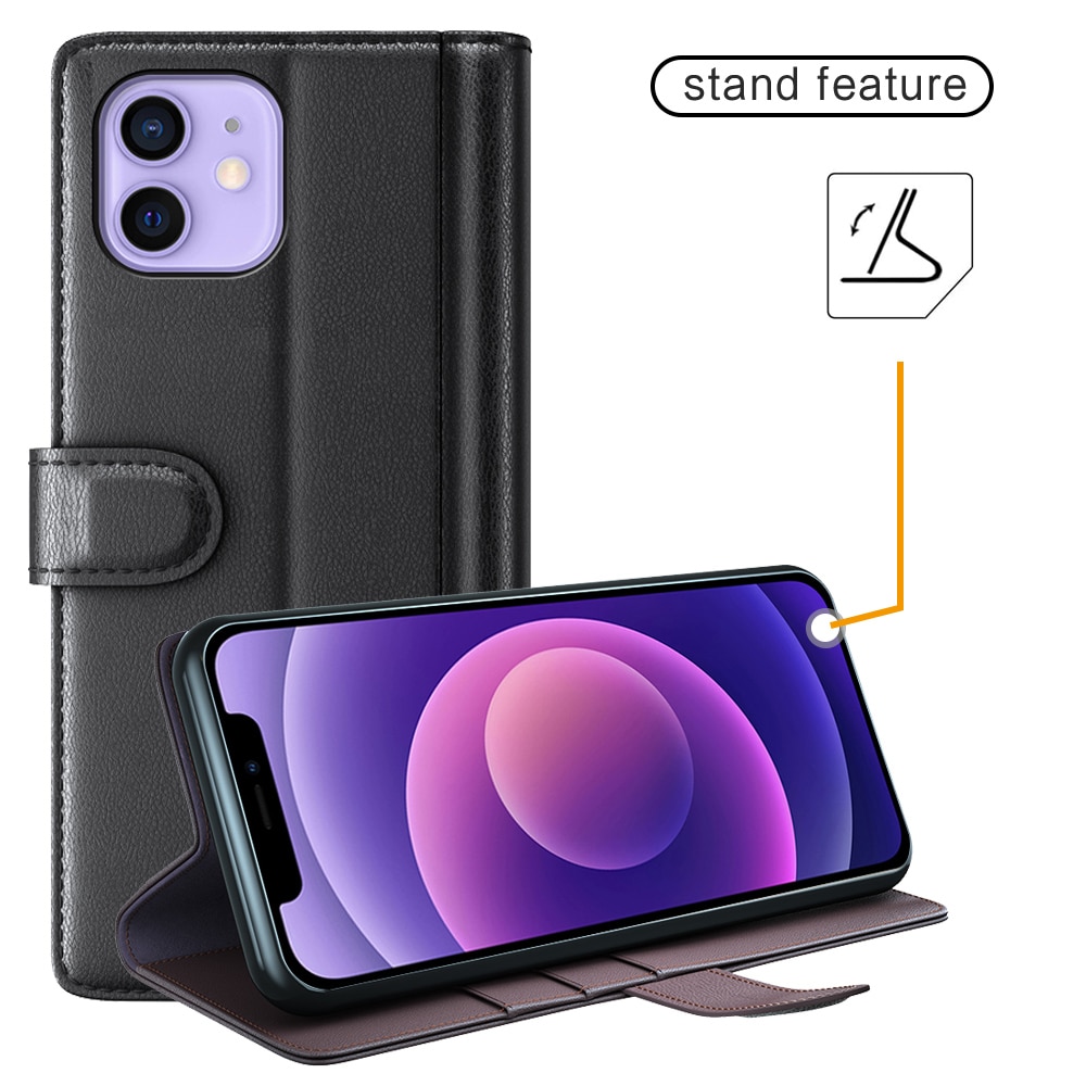 Funda de cuero genuino iPhone 12 Mini, Negro