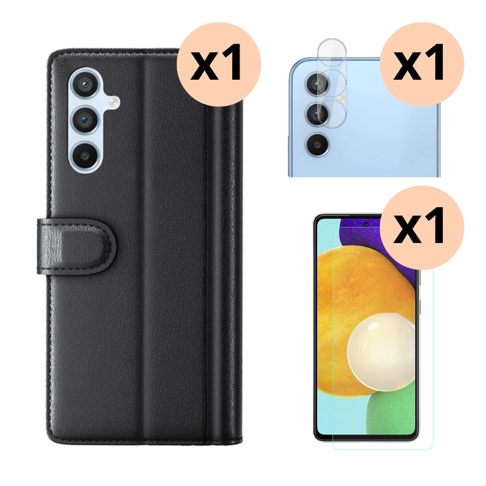 Kit para Samsung Galaxy A54: Funda cartera, protector de pantalla y protector de lente cámara