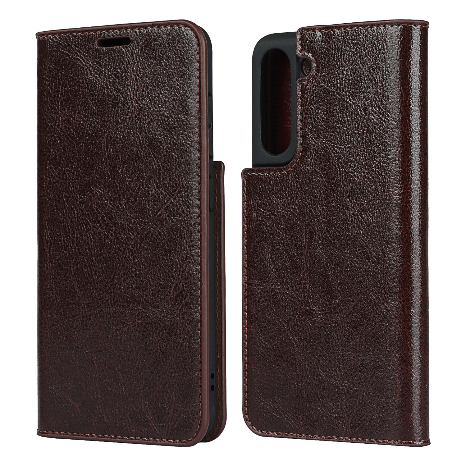 Funda cartera de cuero genuino Samsung Galaxy S21 Marrón oscuro
