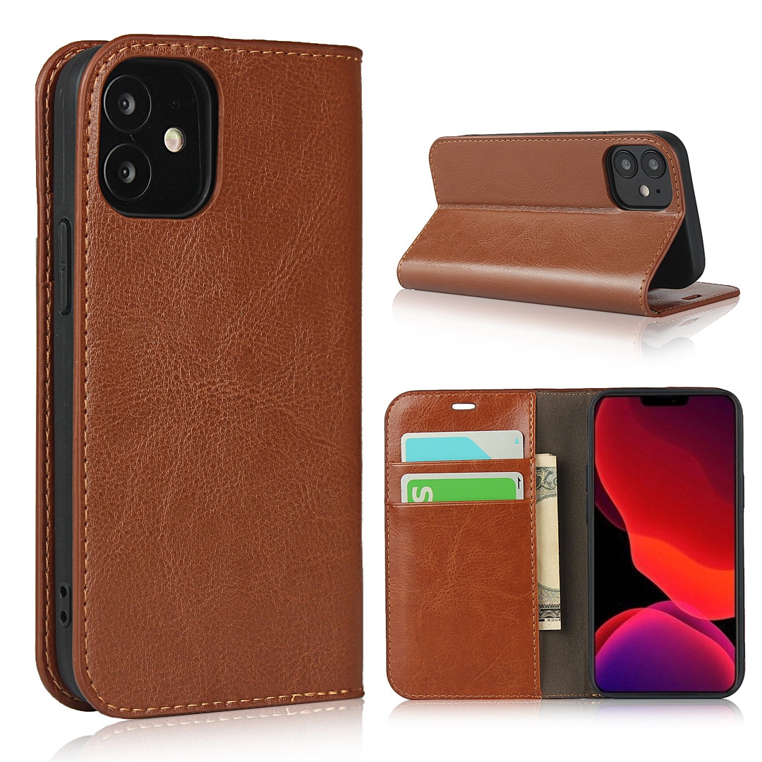 Funda cartera de cuero genuino iPhone XR marrón