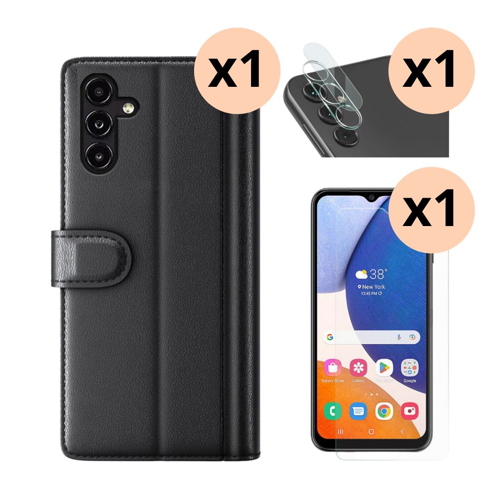 Kit para Samsung Galaxy A14: Funda cartera, protector de pantalla y protector de lente cámara