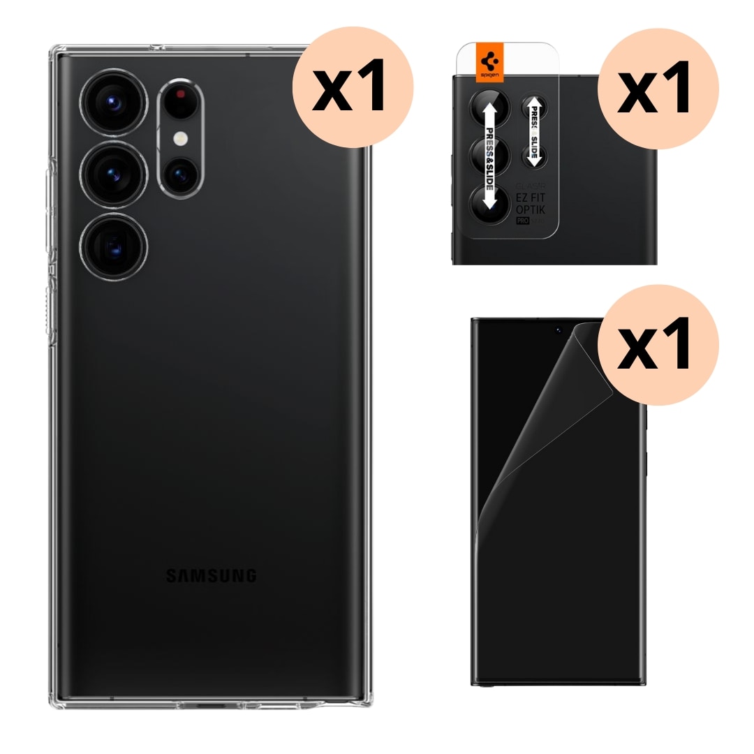 Kit para Samsung Galaxy S23 Ultra: Funda Liquid Crystal, protector de cámara y Neo Flex