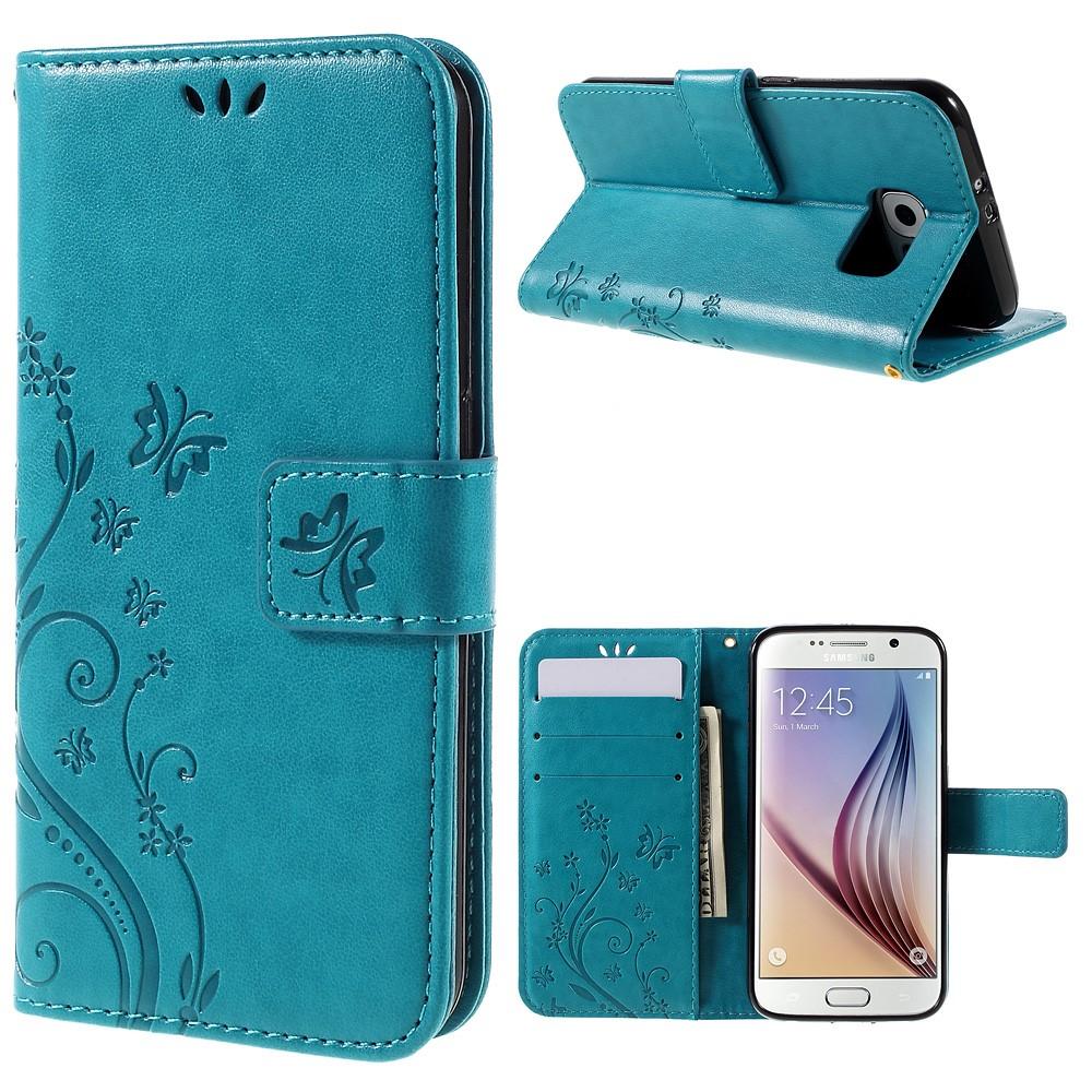 Funda de cuero con mariposas para Samsung Galaxy S6, azul