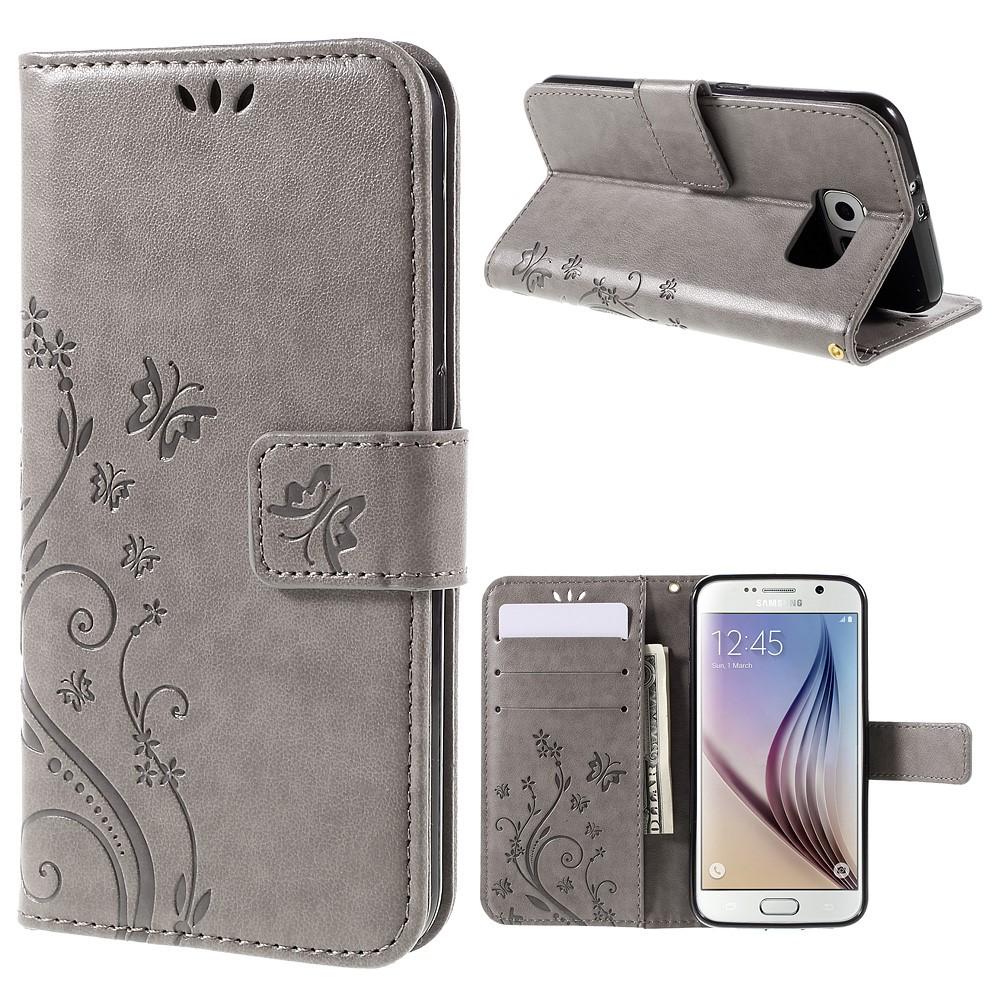 Funda de cuero con mariposas para Samsung Galaxy S6, gris