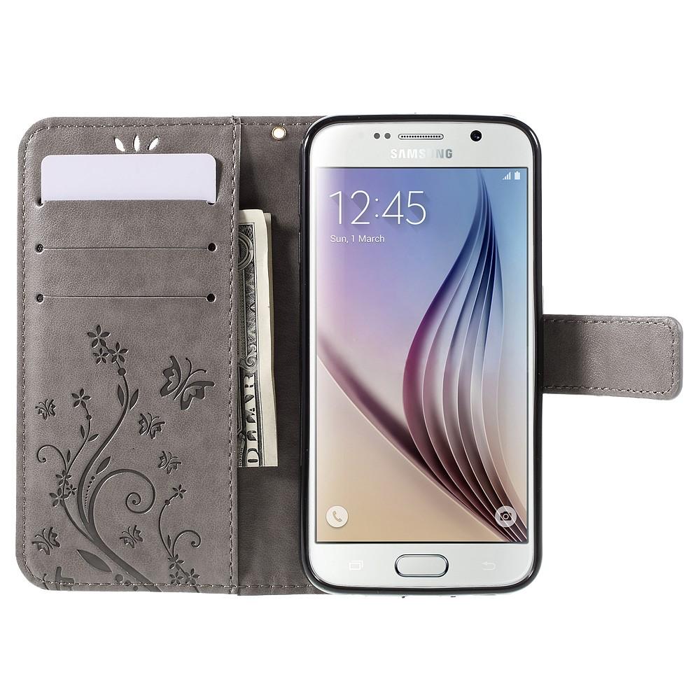 Funda de cuero con mariposas para Samsung Galaxy S6, gris